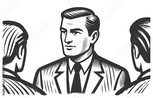 confident man in suit addressing two others, symbolizing leadership, communication, and authority sketch engraving generative ai fictional character vector illustration. Scratch board. Black and white