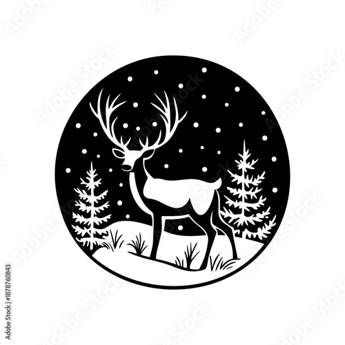 Winter Deer Silhouette in Snowy Forest.