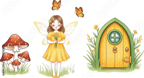 Charming fairy illustration with mushrooms butterflies and a whimsical fairy door