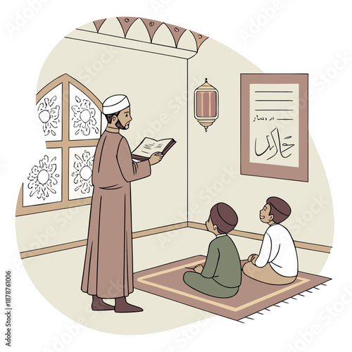 Islamic teaching scene with man reading book to two boys