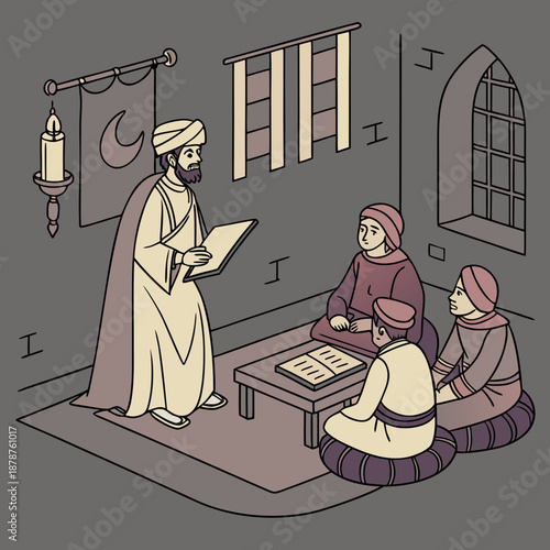Medieval islamic scholar leads group discussion people