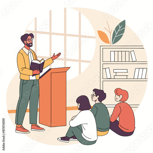 Man explaining ideas to attentive group at podium in library