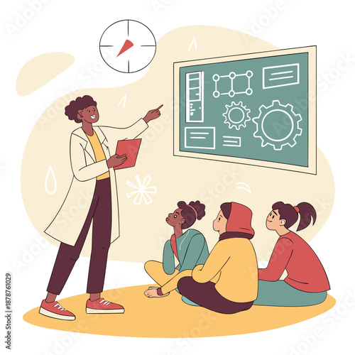 Scholar explains ideas to attentive group on floor