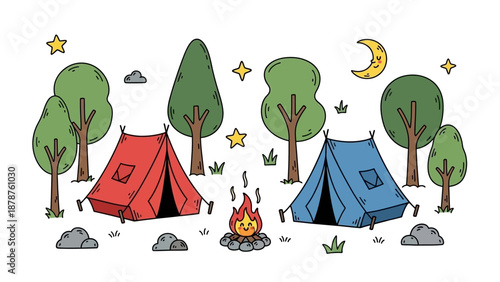Camping scene at dusk with tents and campfire under starry night sky