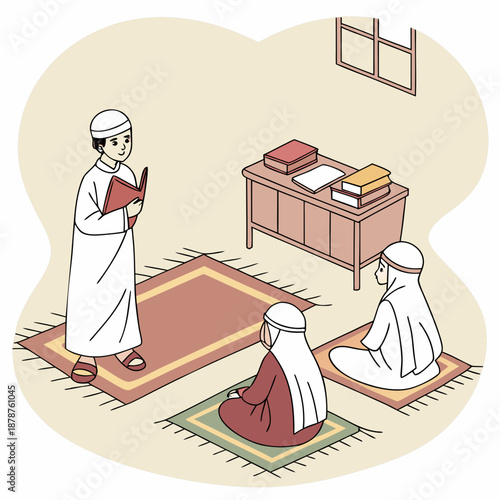 Traditional islamic robes and headwear in learning setting