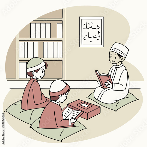 Traditional islamic robes and headwear in learning setting with books