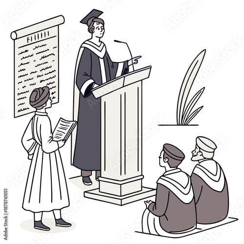 Scholar standing at podium with listeners in traditional dress