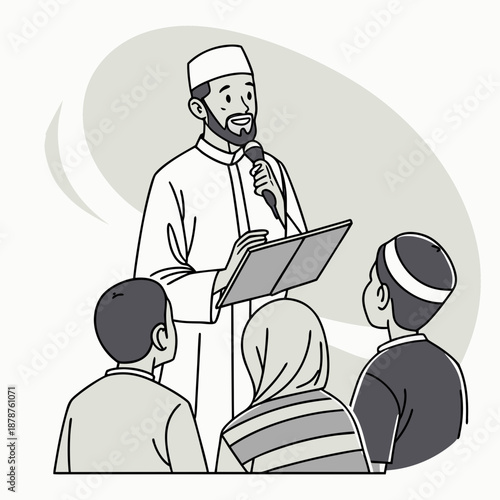 Islamic scholar speaking to followers with microphone and book