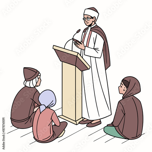 Islamic scholar speaking at podium surrounded by followers