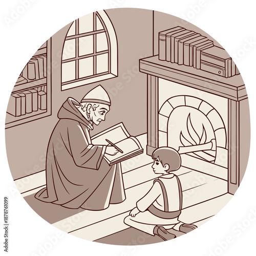 Monk teaching young boy reading book by fireplace in medieval library