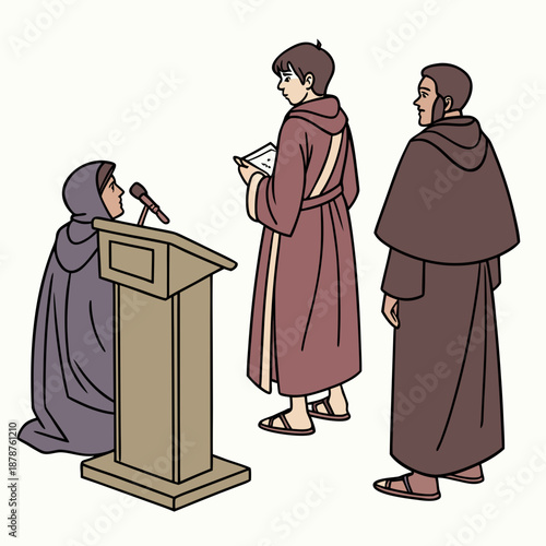 Traditional robed figures listening to a speaker
