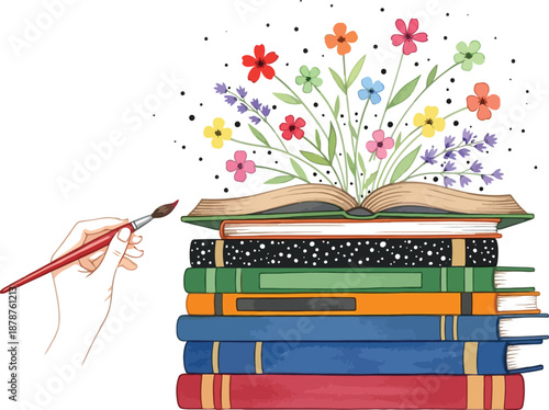 Watercolor painting of a hand holding a brush near a stack of books with flowers