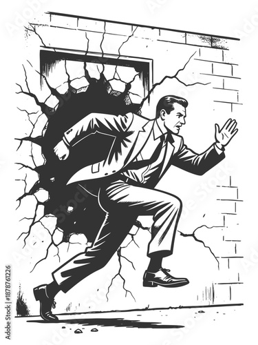 determined businessman smashing through a wall, symbolizing strength, breakthrough, and ambition sketch engraving generative ai fictional character vector illustration. Scratch board. Black and white.