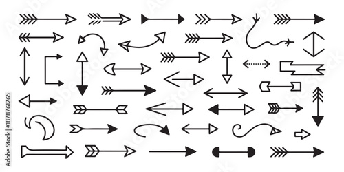 Minimalist geometric arrow icon set featuring various tip styles for technical diagrams and web navigation