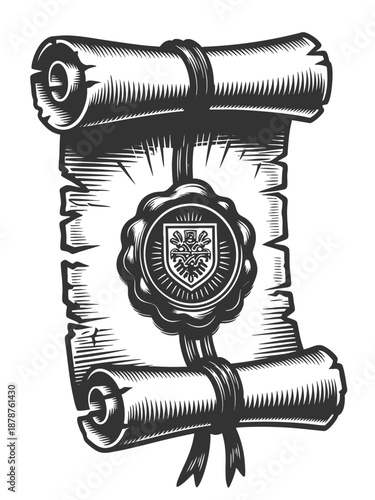 old scroll sealed with a royal crest wax stamp, symbolizing nobility, tradition, and authority sketch engraving generative ai vector illustration. Scratch board imitation. Black and white image.