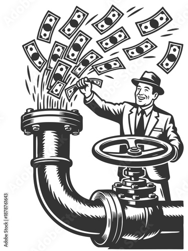 happy businessman turning a large valve to release a stream of flying dollar bills sketch engraving generative ai fictional character vector illustration. Scratch board. Black and white image.