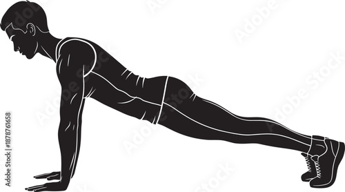 Black silhouette of a muscular man doing pushups or plank exercise on floor isolated on white background for fitness training bodybuilding and healthy lifestyle