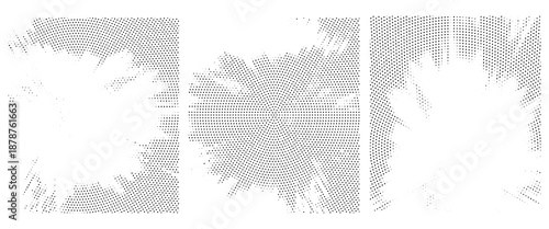 Halftone circle dotted frame circularly distributed set. Abstract dots logo emblem design element. Round border Icon using random halftone circle dot texture.
