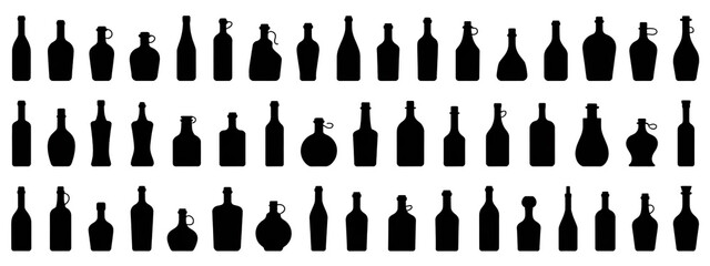 A black and white illustration of 40 different wine and liquor bottle silhouettes arranged in three rows against a white background