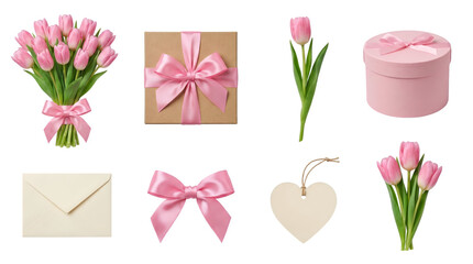 Pink tulip flower and gift box set including bouquets, round and kraft packages, envelope, heart tag, and satin bow isolated. Romantic Valentine and Mother's Day celebration collection.