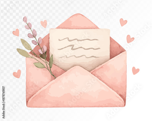 Watercolor love letter envelope with romantic hearts Valentine illustration