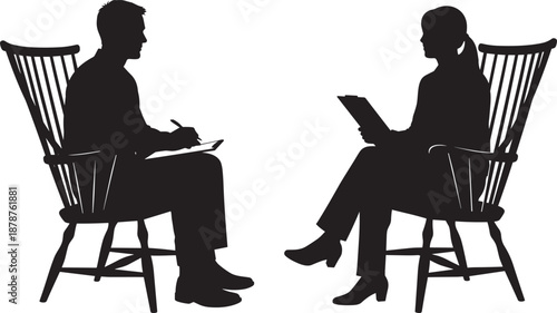 Black silhouettes of a man and woman sitting in chairs having a professional discussion or therapy session isolated on white background for business communication
