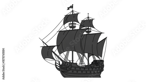 A black and white illustration of a historic sailing ship in a side profile view.