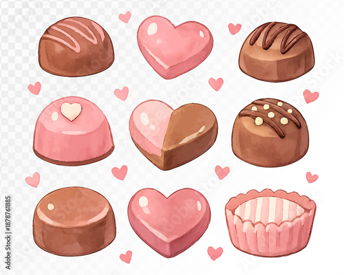 Watercolor chocolate candy assortment with heart shaped pralines