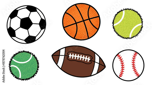 Collection of various sports balls including soccer, basketball, tennis, and baseball arranged neatly on a plain background from a straightforward viewpoint