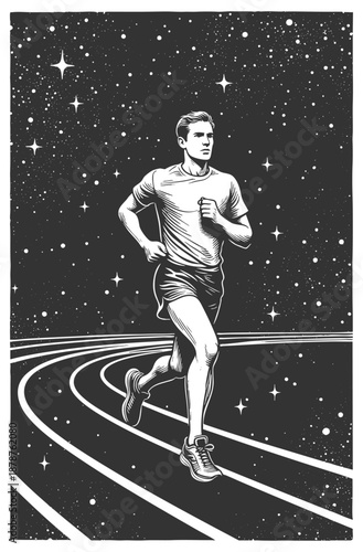 male runner on a track at night, surrounded by stars and cosmic scenery, symbolizing determination sketch engraving generative ai vector illustration. Scratch board. Black and white image.