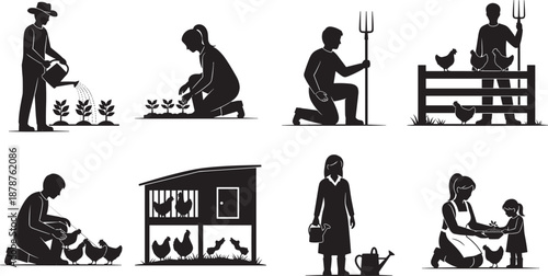 Black silhouettes of farmers gardening planting crops and raising chickens on a rural farm isolated on white background for agriculture sustainability and homesteading concepts