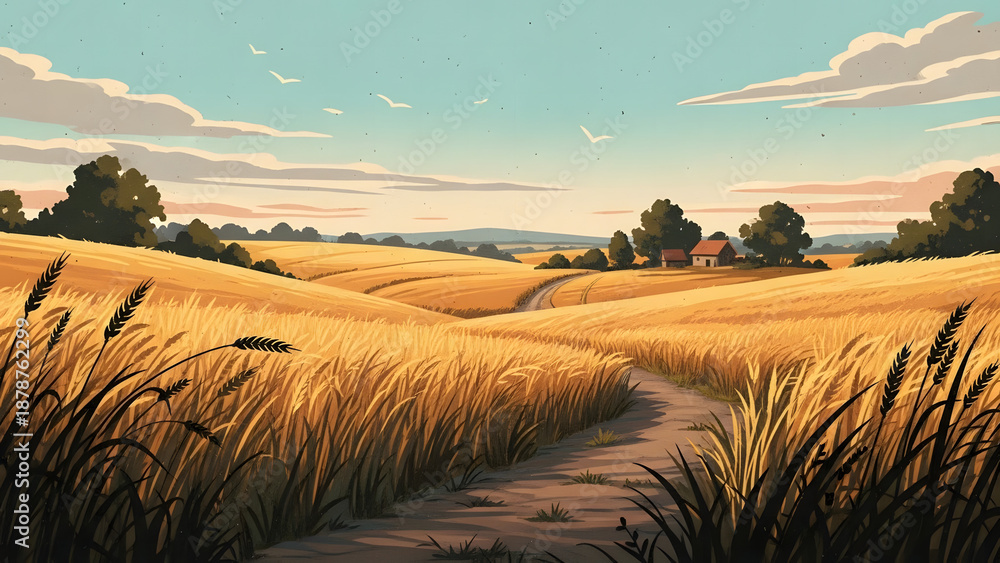 Fototapeta premium Golden Wheat Field Pathway in Pastoral Landscape