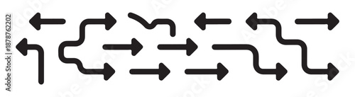 Wavy and curved arrow shapes set collection of abstract flowing pointers indicating movement and paths direction