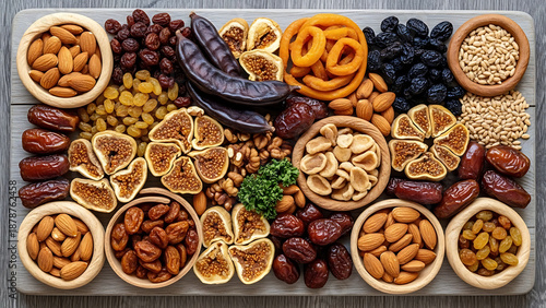 Delicious Nut and Dried Fruit Platter, Culinary Delight, Kitchen, Food Photography, Warm Home Environment, Top View, Healthy Snacking Concept