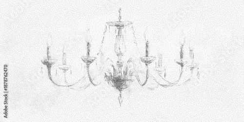 Ornate rococo chandelier with stipple grain and halftone shading, elegant vintage cutout with retro lighting detail and textured baroque accents.