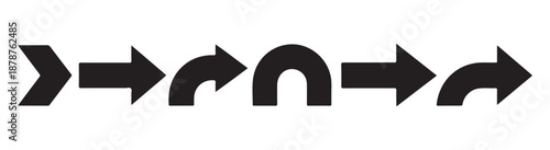 Set of black curved arrows and merge symbols graphic pointers indicating turns branching and combining directions