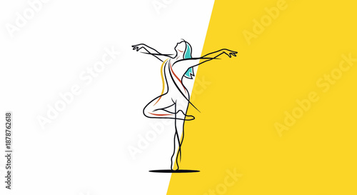 Elegant woman in dynamic yoga pose with colorful lines on white and yellow background