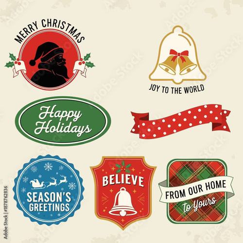70 Christmas holiday stickers and labels with festive designs and messages on cream background 150