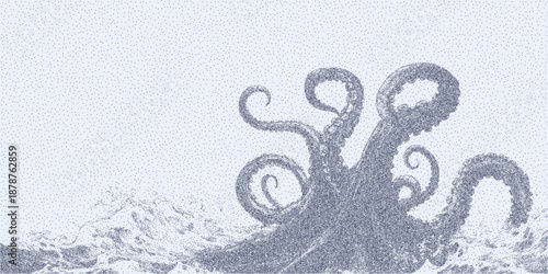 Tentacles of a kraken in the ocean with rough grain texture, dust overlays and visible stains on aged paper.