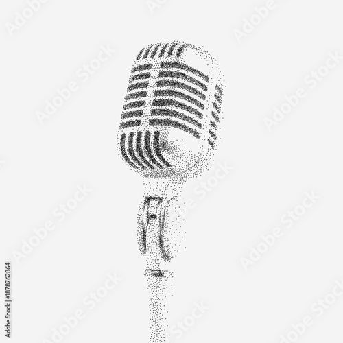 Studio microphone drawing with fine grain texture, dust overlays and faint worn marks on rough aged paper surface.