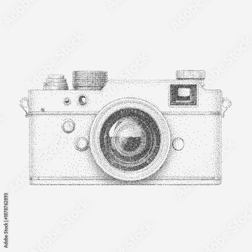 Silhouette of a film camera with fine grain texture, dust speckles and faint stains on aged paper with vintage distressed details.