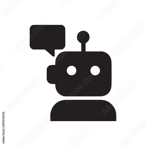 Black robot head with a speech bubble symbolizing artificial intelligence and conversation