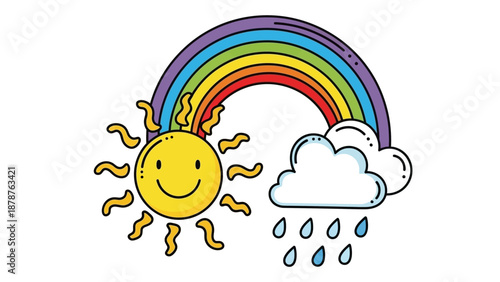 A smiling sun shines behind a vibrant rainbow and a rainy cloud in a whimsical illustration.