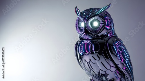 Cyborg owl with glowing eyes and metallic feathers on gray background