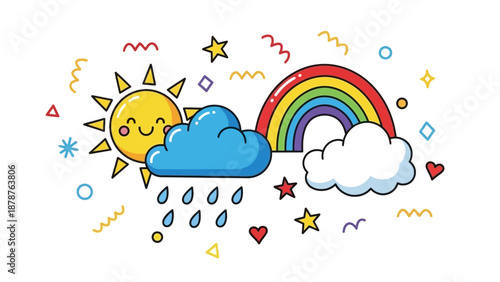 A vibrant illustration of sun, cloud, rain, rainbow, and sky in a whimsical scene