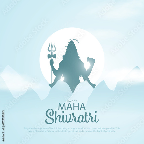 Happy maha Shivratri, a Hindu festival celebrated of lord shiva night. Creative vector illustration design with silhouette of lord shiva and trishul in mountains.