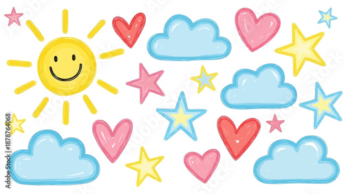 A cheerful collection of cartoon clouds, hearts, and stars surrounding a smiling sun in a whimsical illustration.