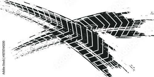 Black tire marks on a white background with a worn effect and splashes of dirt. Vector isolated texture .Tire tracks background for rally, drift, motocross, off-road and other auto and motorsport.