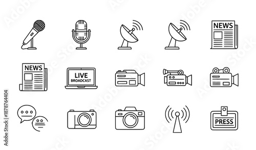 Minimalist black and white media and journalism vector icon set with broadcasting and communication symbols