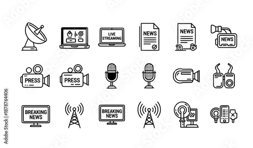 Black and white line icon pack of media communication and digital journalism tools for web and apps